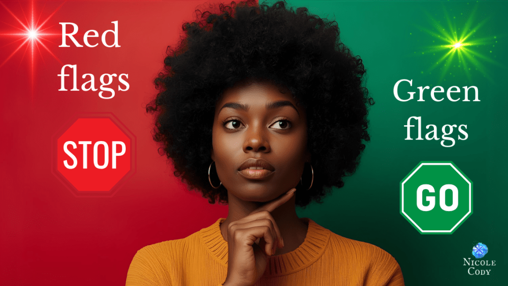 A thoughtful African-American woman sits in reflection. Behind her, one side of the background glows red with the words “Red Flags” and a STOP sign, while the other side glows green with the words “Green Flags” and a GO sign — symbolising intuition, awareness, and trusting your inner compass.