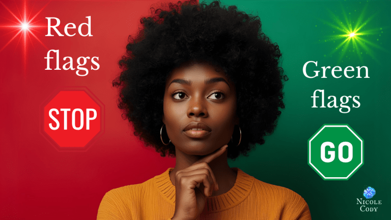 A thoughtful African-American woman sits in reflection. Behind her, one side of the background glows red with the words “Red Flags” and a STOP sign, while the other side glows green with the words “Green Flags” and a GO sign — symbolising intuition, awareness, and trusting your inner compass.