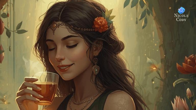 A boho young woman sits quietly in a grove of trees, sipping tea and reflecting, symbolising creativity, inner peace, and soulful prosperity.