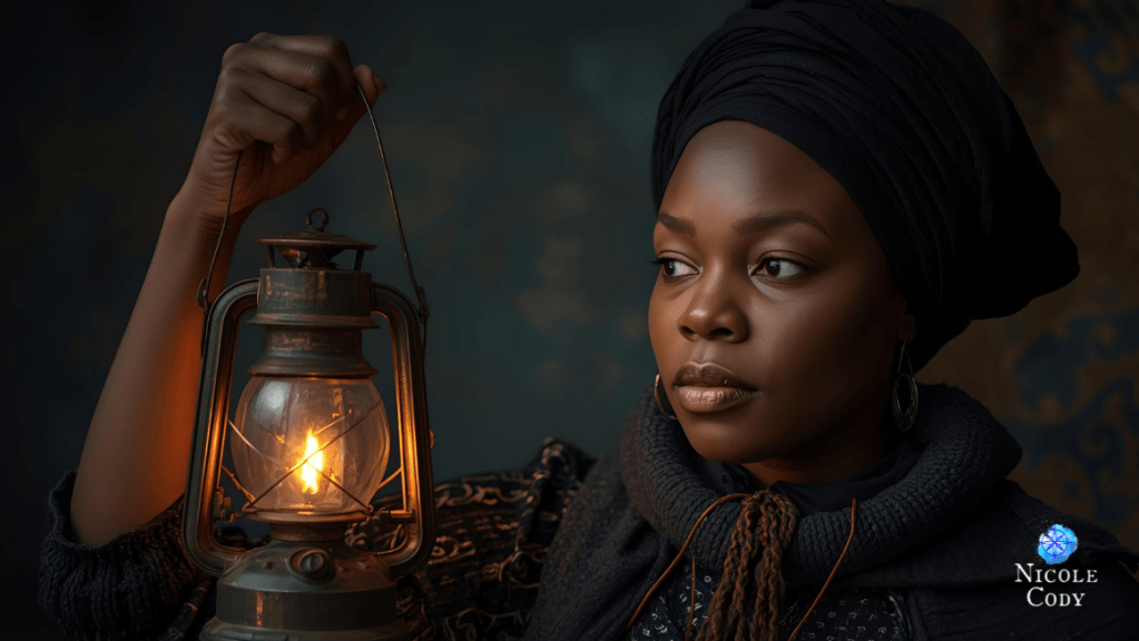 A beautiful African American woman holds a glowing lantern in the darkness, symbolising inner strength, intuition, guidance, and believing in your own magic.