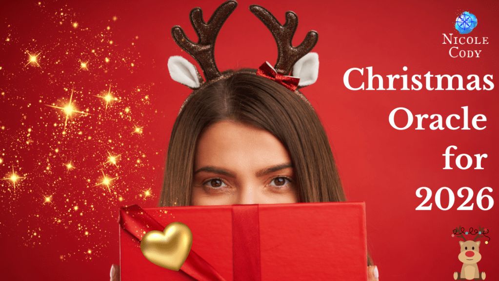 Smiling woman holding a Christmas gift against a red festive background with the words Christmas Oracle for 2026