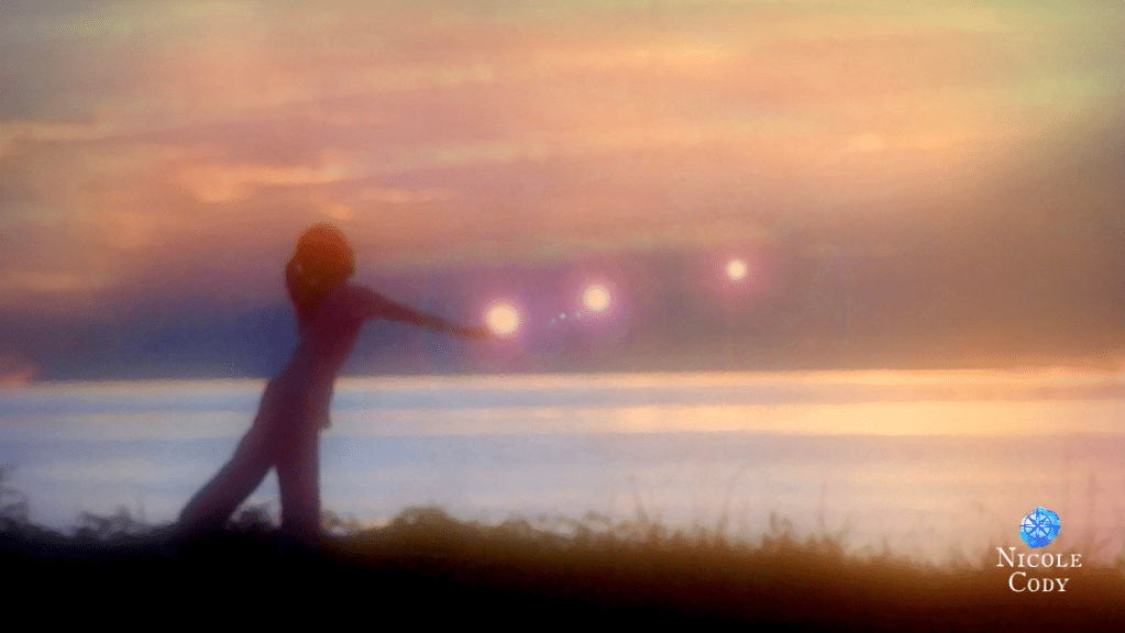 A dreamy landscape where a woman casts three balls of light out over the water to represent making wishes for the coming year.