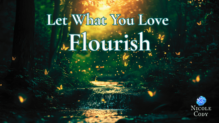 A magical forest stream flowing through trees with golden butterflies hovering above the water, bathed in soft light, symbolising creative flow, nourishment, and letting what you love flourish.