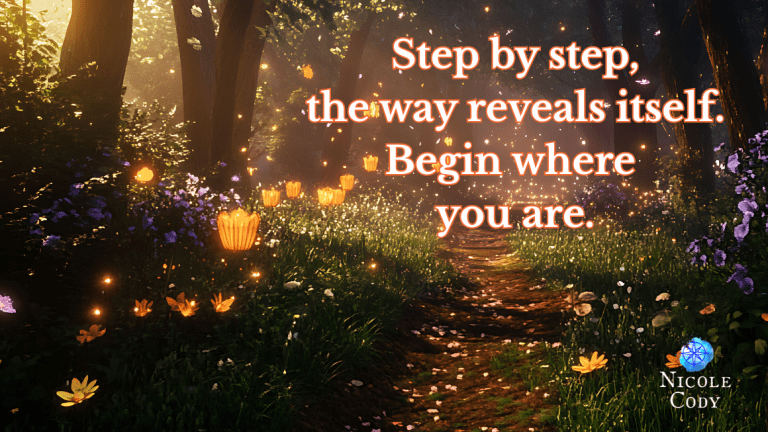 Forest path with glowing lamps, soft light, and a sense of direction and alignment.