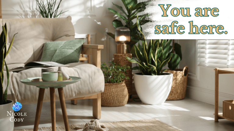 Comfortable lounge area with sofa, cushions, plants, and creative materials in soft natural colours.