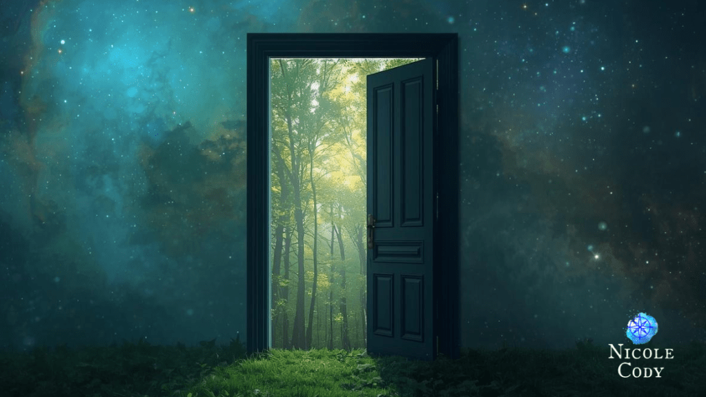 Open door leading into a sunlit forest path symbolising choice, clarity, intuitive guidance and moving forward with confidence