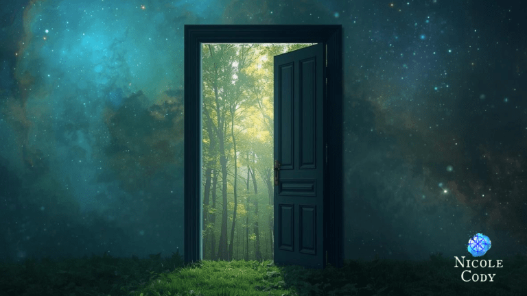 Open door leading into a sunlit forest path symbolising choice, clarity, intuitive guidance and moving forward with confidence