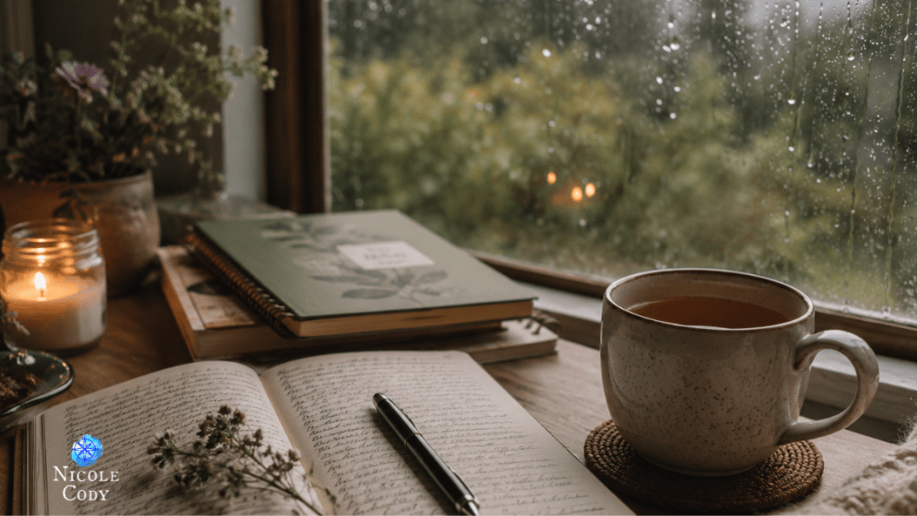 Open journal and mug of tea beside a rain-speckled window, symbolising reflection, creativity, planning and nurturing new ideas.