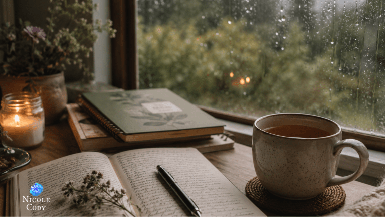 Open journal and mug of tea beside a rain-speckled window, symbolising reflection, creativity, planning and nurturing new ideas.